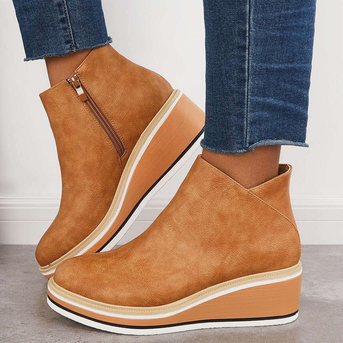 Variant image for Women's Stylish Leather Ankle Boots with Zipper and Platform Sole-17