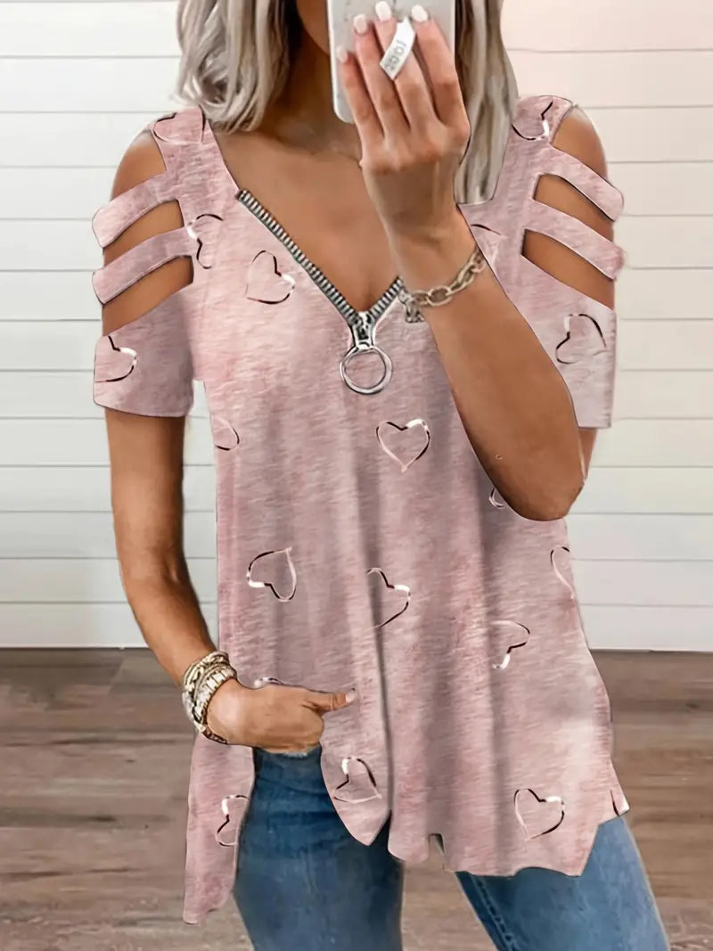 Variant image for Women's Playful Cotton T-Shirt with V-Neckline and Heart Pattern-17
