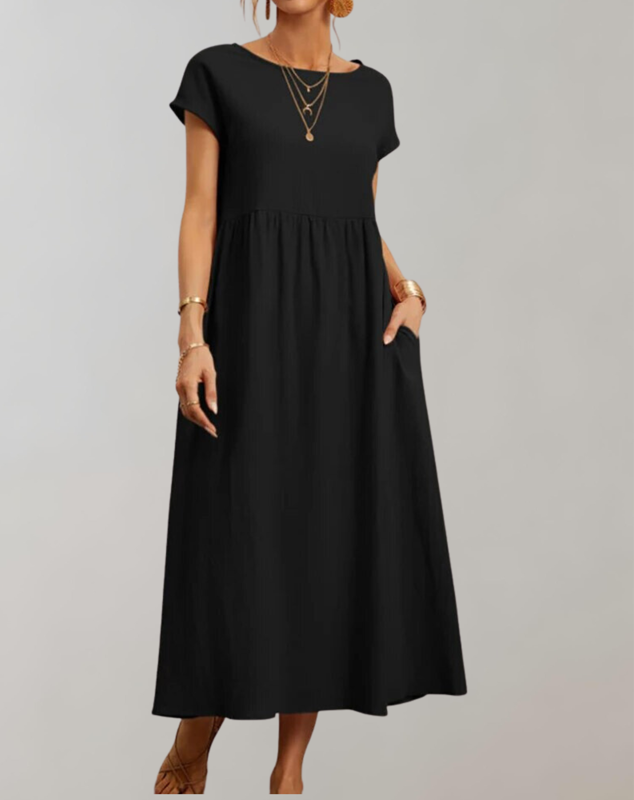 Women's Elegant Cotton-Linen Midi Dress with Short Sleeves for Casual and Formal Occasions