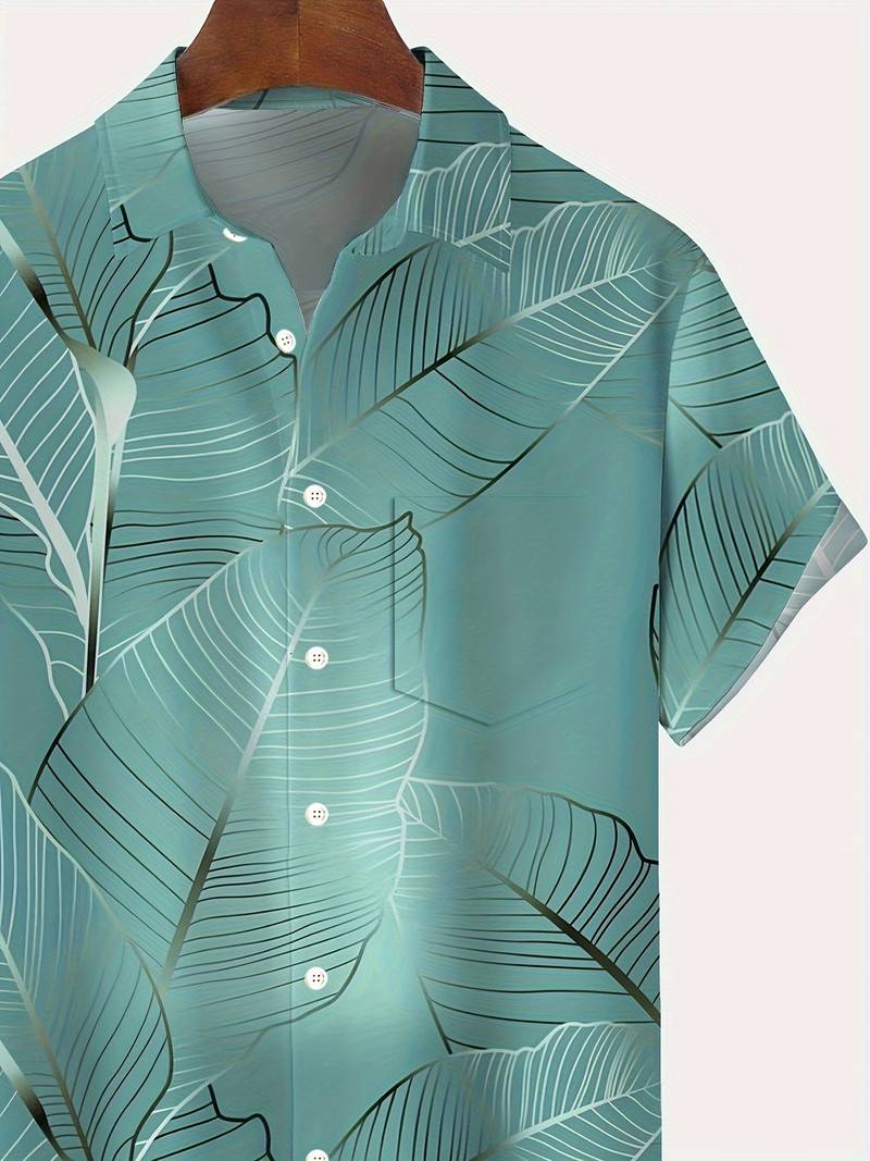 Men's Trendy High-Quality Button-Down Shirt with Tropical Print and Short Sleeves