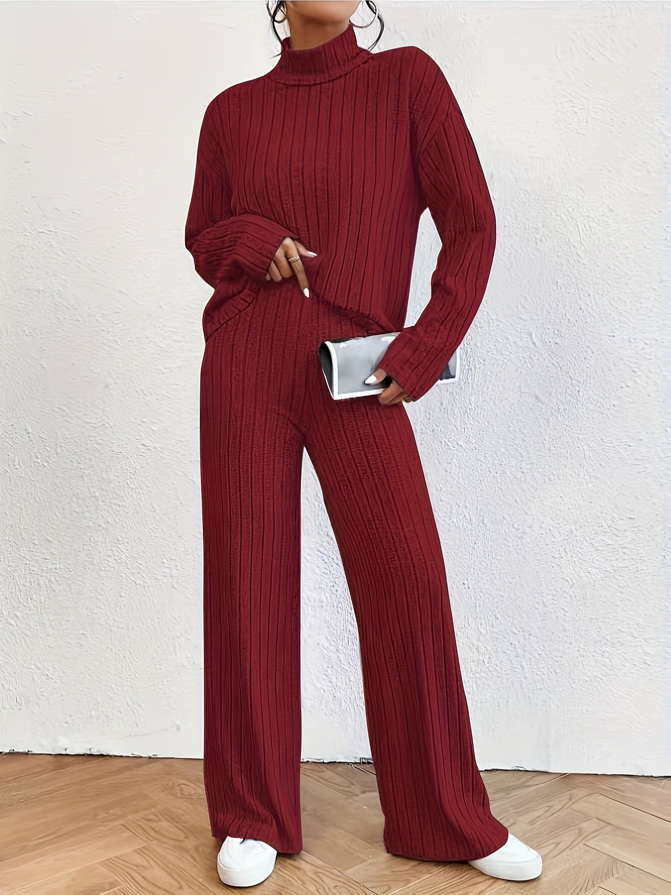 Variant image for Women's Casual Soft Fabric Sweater Set with Wide Leg Pants-25