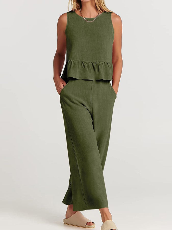 Variant image for Women's Elegant Cotton Linen Loungewear Set with Ruffles-31