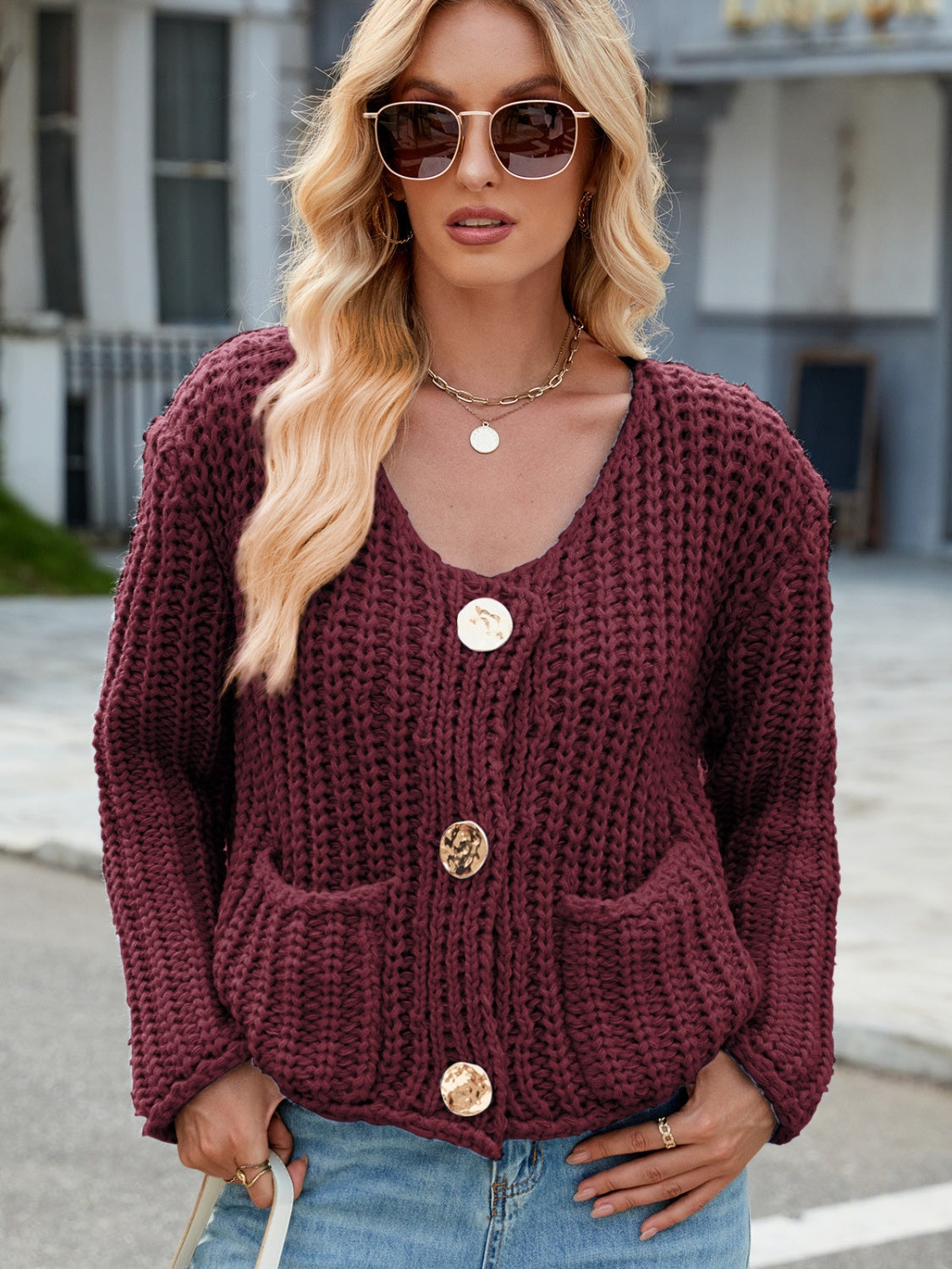 Women's Elegant Soft Cardigan Sweater with Buttons and Pockets