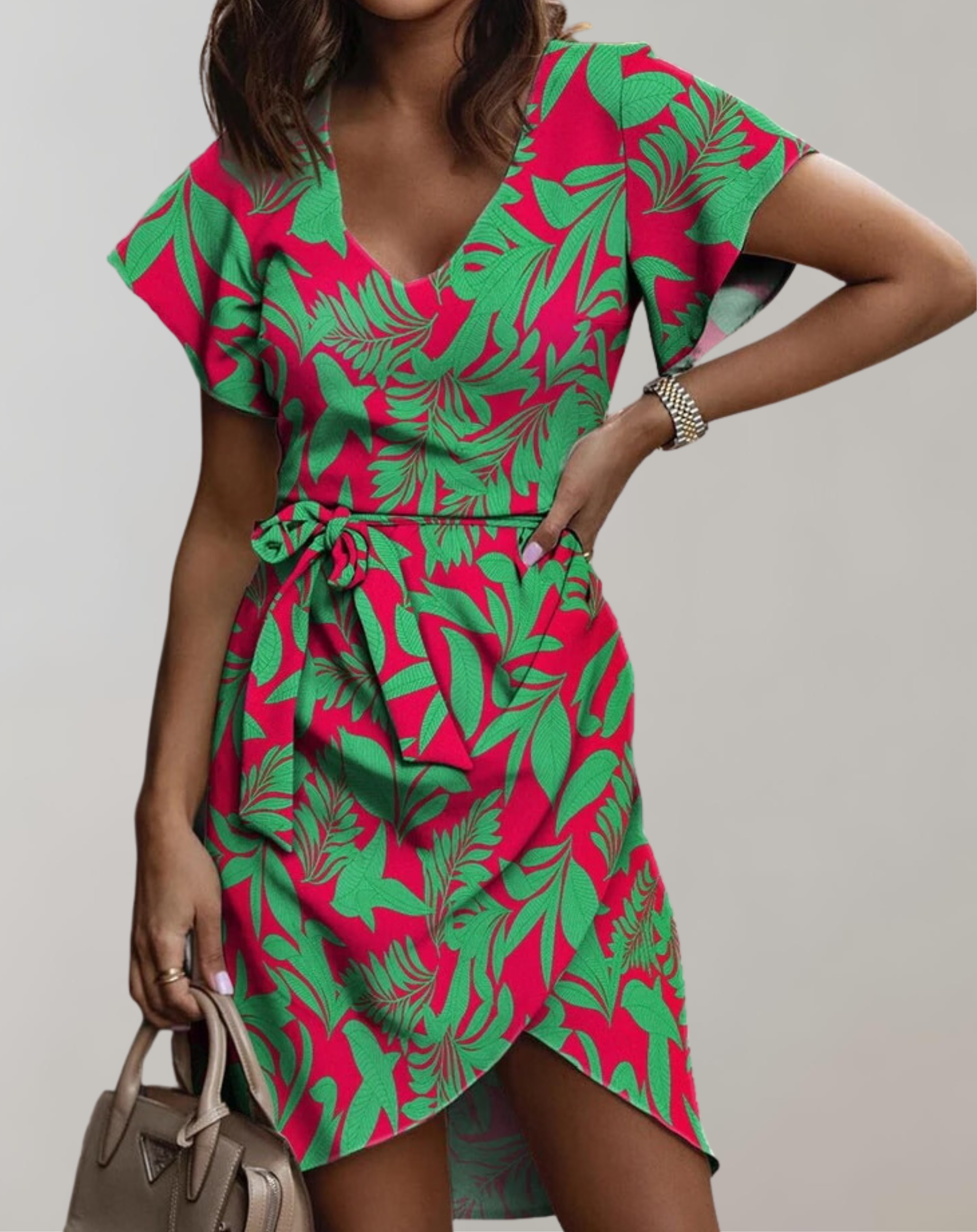 Variant image for Women's Elegant High-Quality Dress with V-Neck and Belt for Summer and Formal Occasions-1