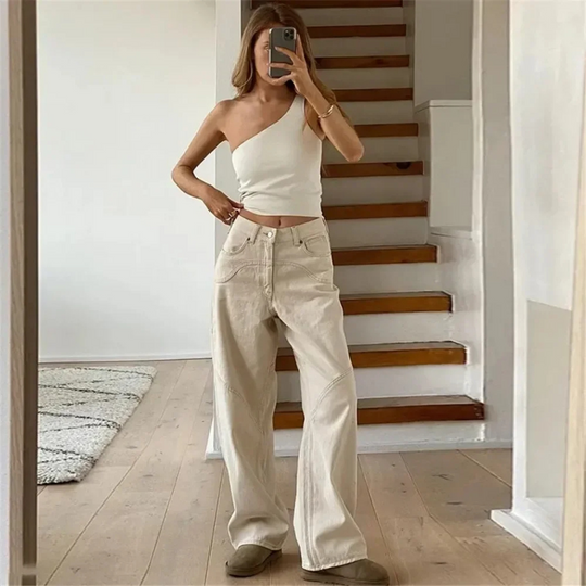 Women's Modern Low Waist Straight Flared Trousers in Beige | Perfect for All Seasons