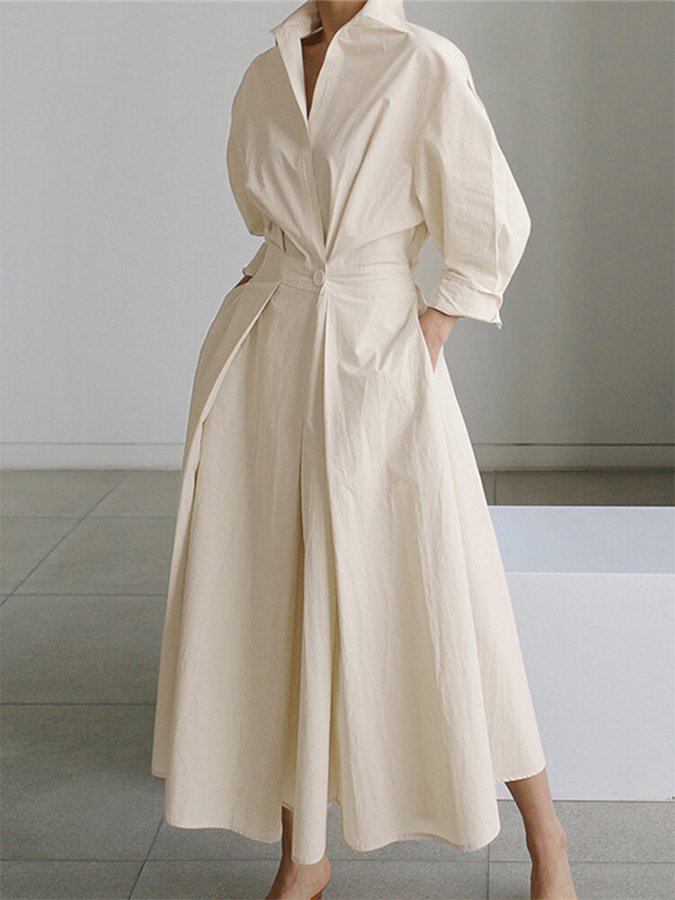Variant image for Women's Chic Soft Maxi Dress with Lapel and Pockets-1