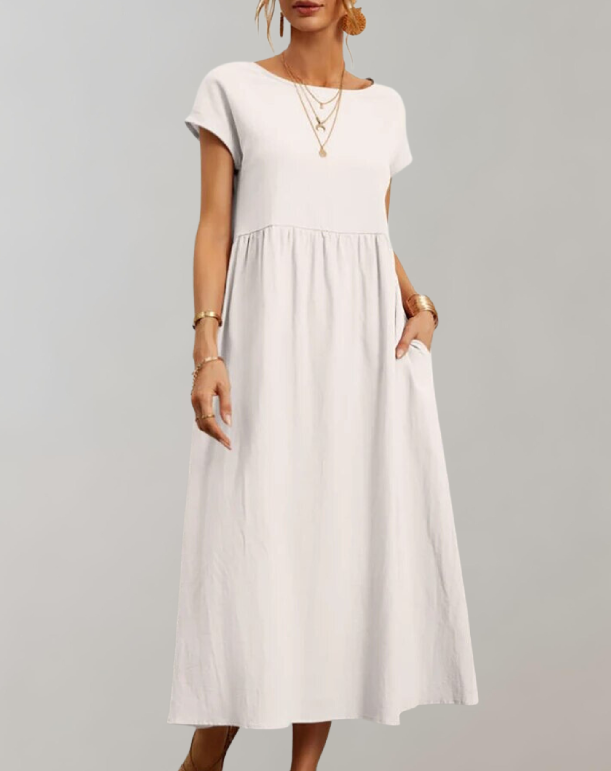 Variant image for Women's Elegant Cotton-Linen Midi Dress with Short Sleeves for Casual and Formal Occasions-36