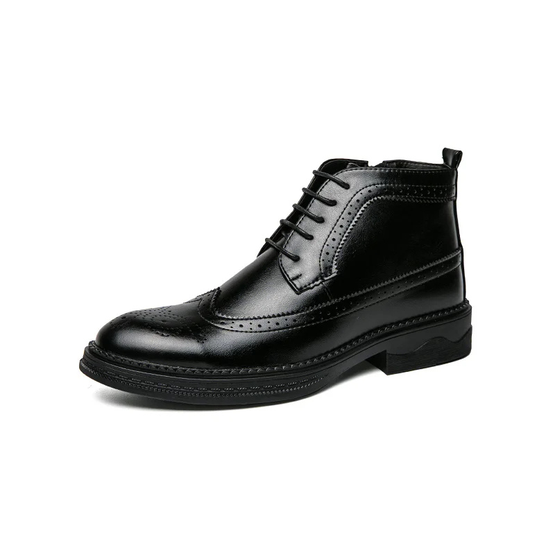 Men's Classic Leather Brogue Lace-Up Shoes with Side Zipper