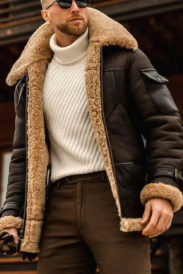 Variant image for Men's Classic Vintage Sheepskin Jacket with Zipper-4
