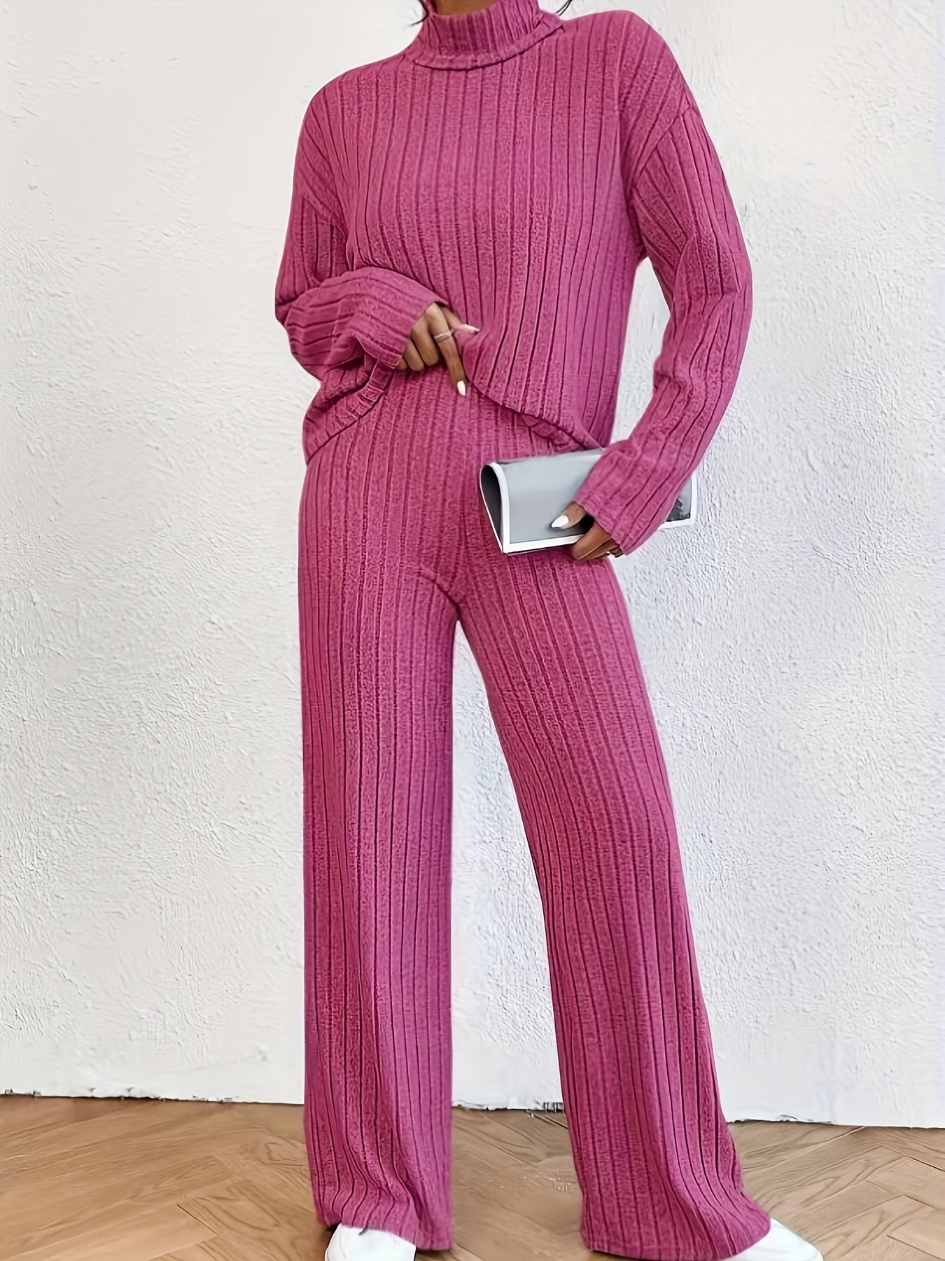 Variant image for Women's Casual Soft Fabric Sweater Set with Wide Leg Pants-13
