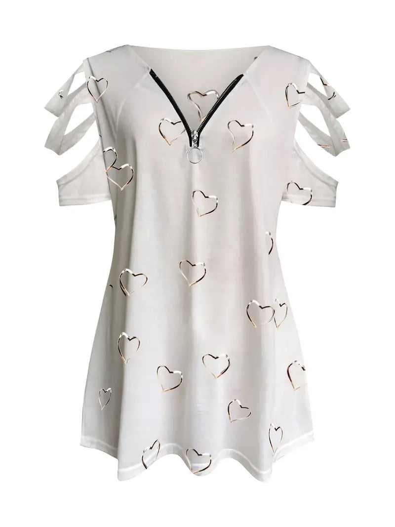 Women's Playful Cotton T-Shirt with V-Neckline and Heart Pattern