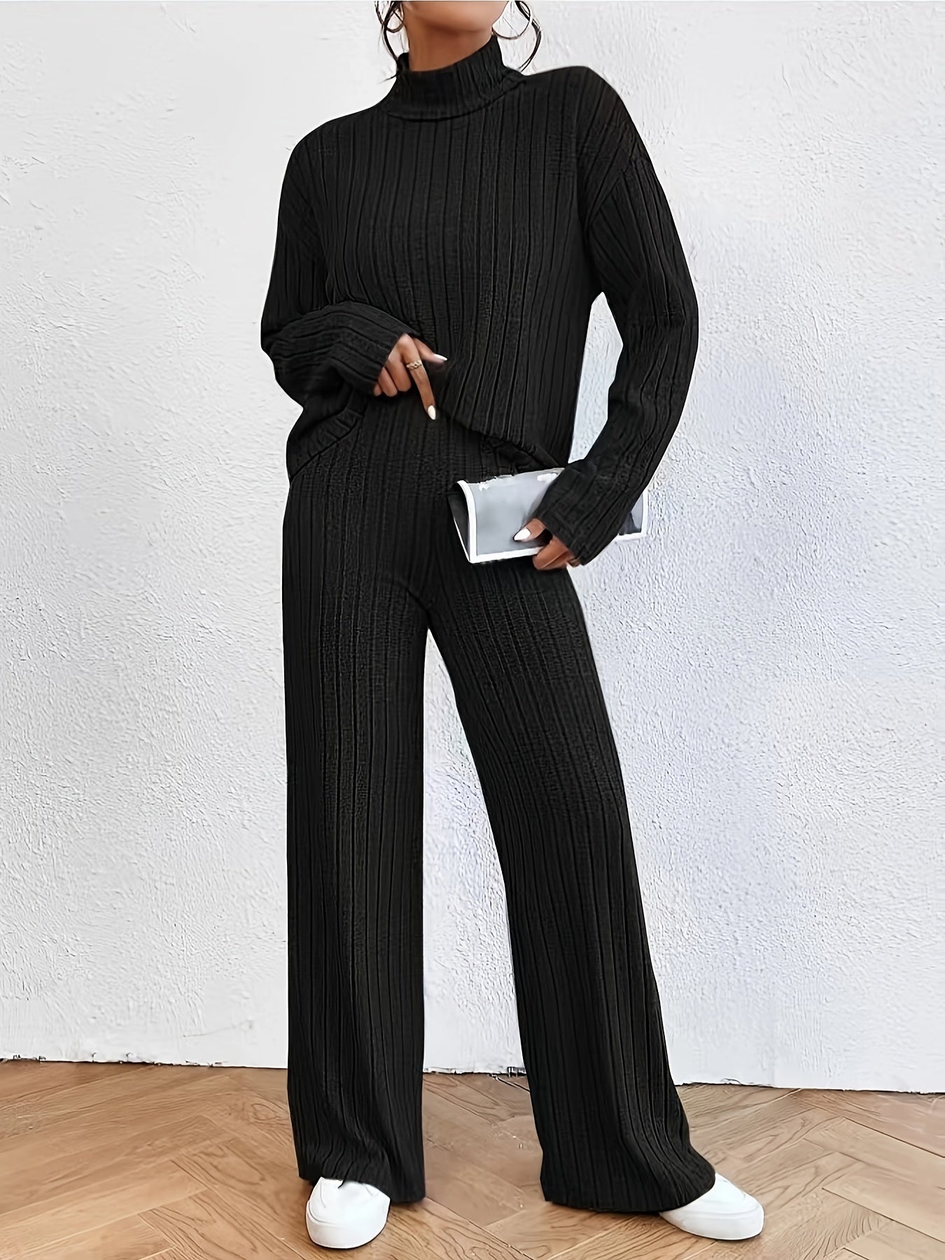 Variant image for Women's Casual Soft Fabric Sweater Set with Wide Leg Pants-1