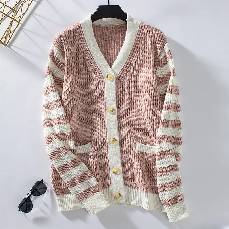 Women's Casual Loose Striped Knitted Cardigan with Buttons | Perfect for All Seasons
