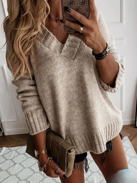 Women's Relaxed Soft Knit Sweater with V-Neck Design
