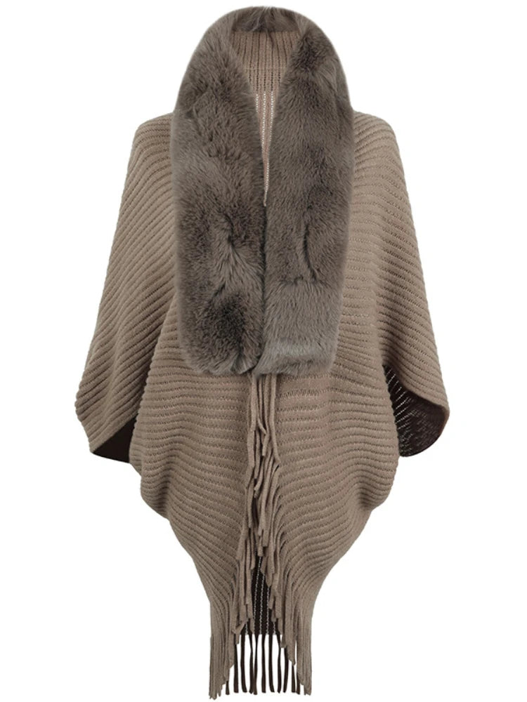 Women's Stylish Faux Fur Shawl with Pompom Ends