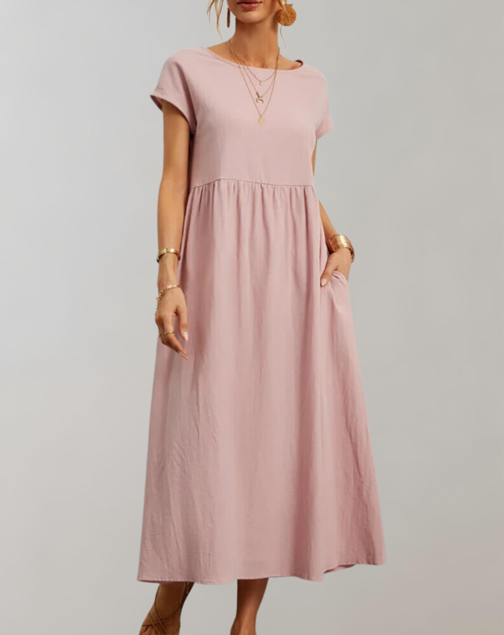 Women's Elegant Cotton-Linen Midi Dress with Short Sleeves for Casual and Formal Occasions