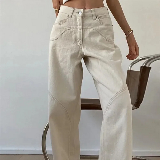 Women's Modern Low Waist Straight Flared Trousers in Beige | Perfect for All Seasons