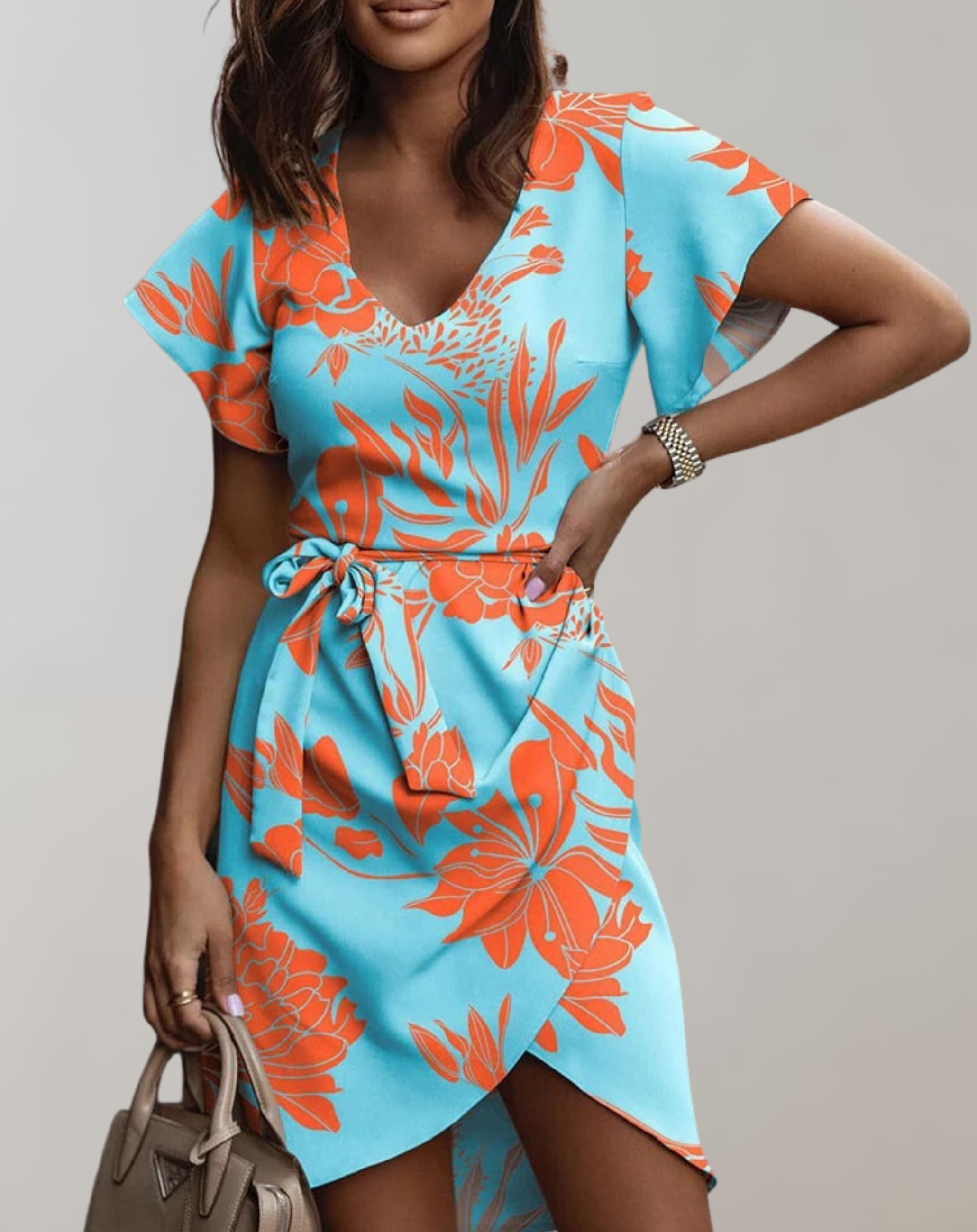 Women's Elegant High-Quality Dress with V-Neck and Belt for Summer Formal Events