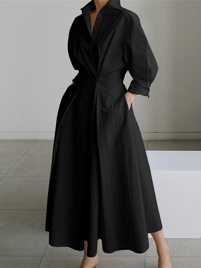 Women's Chic Soft Maxi Dress with Lapel and Pockets