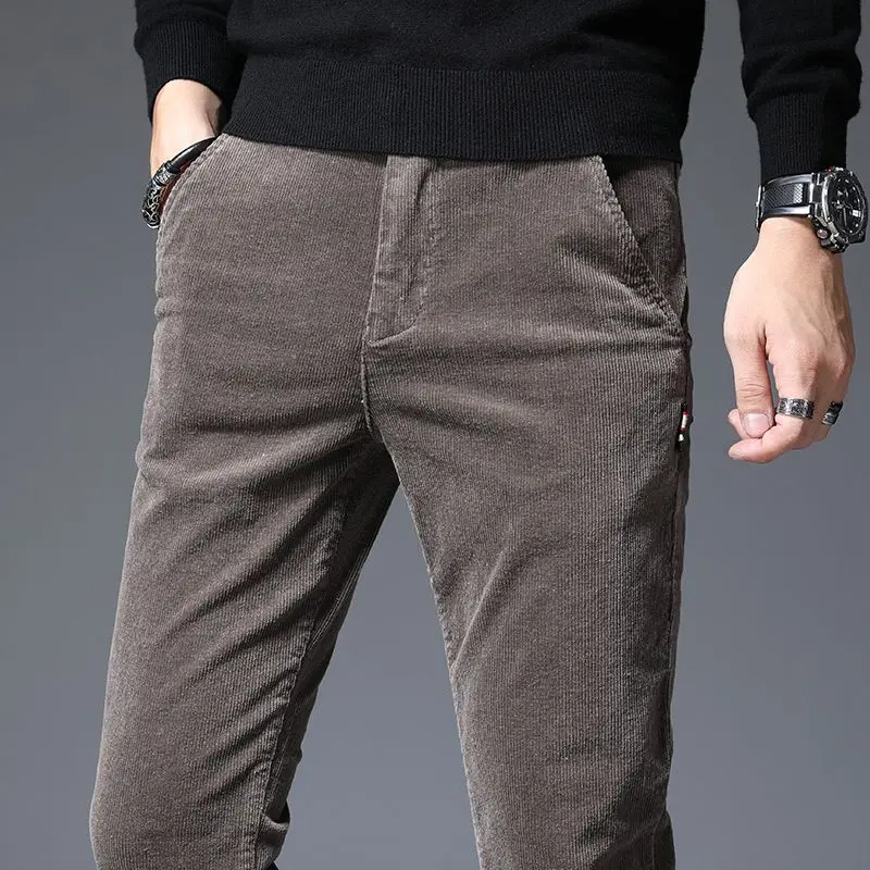 Men's Modern Corduroy Pants with Elastic Waistband and Zipper Pockets