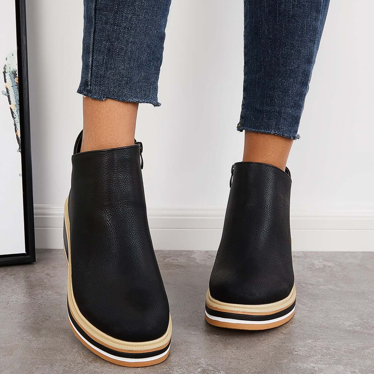 Variant image for Women's Stylish Leather Ankle Boots with Zipper and Platform Sole-1