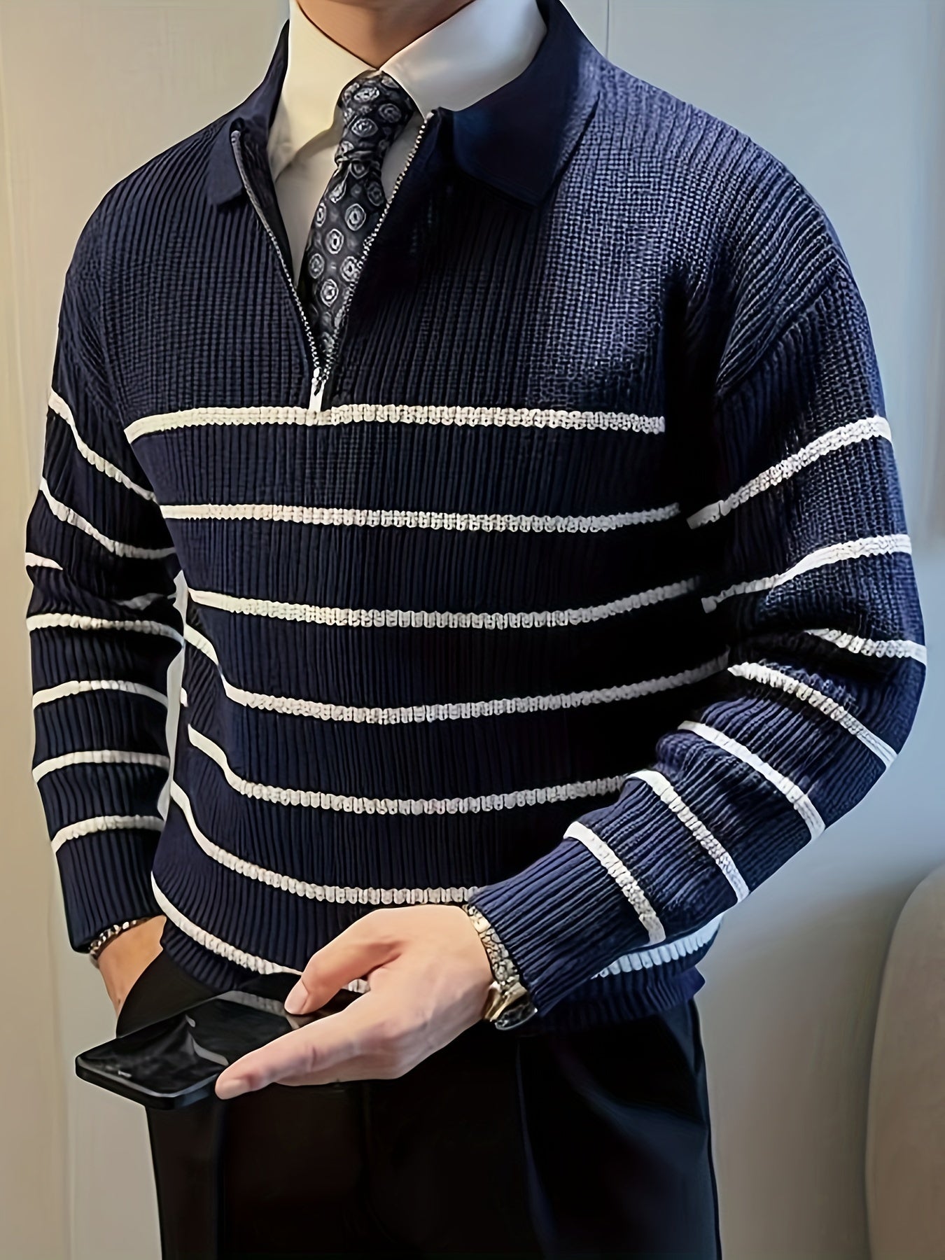 Men's Casual Soft Knit Half Zip Sweater with Striped Pattern
