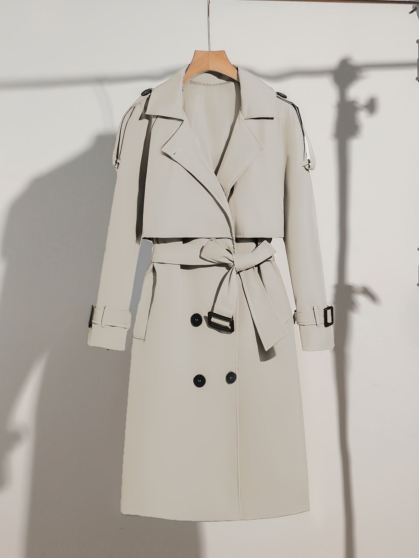 Women's Elegant Polyester Trench Coat with Double Row of Buttons