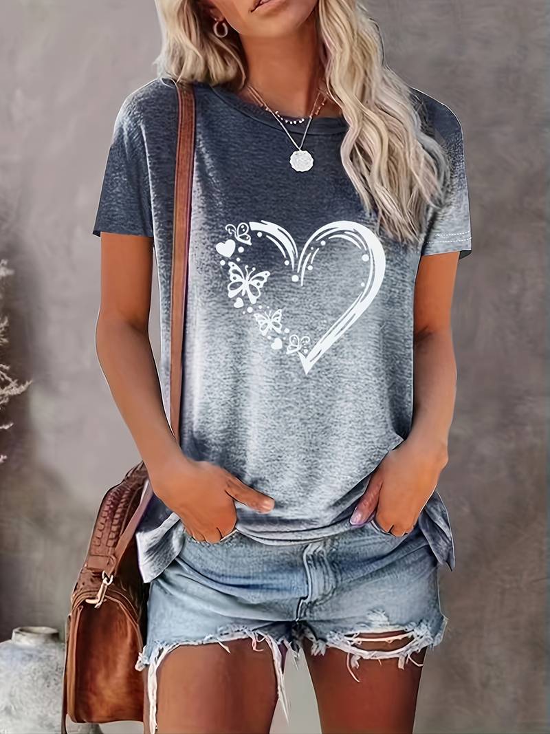 Variant image for Women's Casual Cotton T-Shirt with Butterfly Heart Print-25
