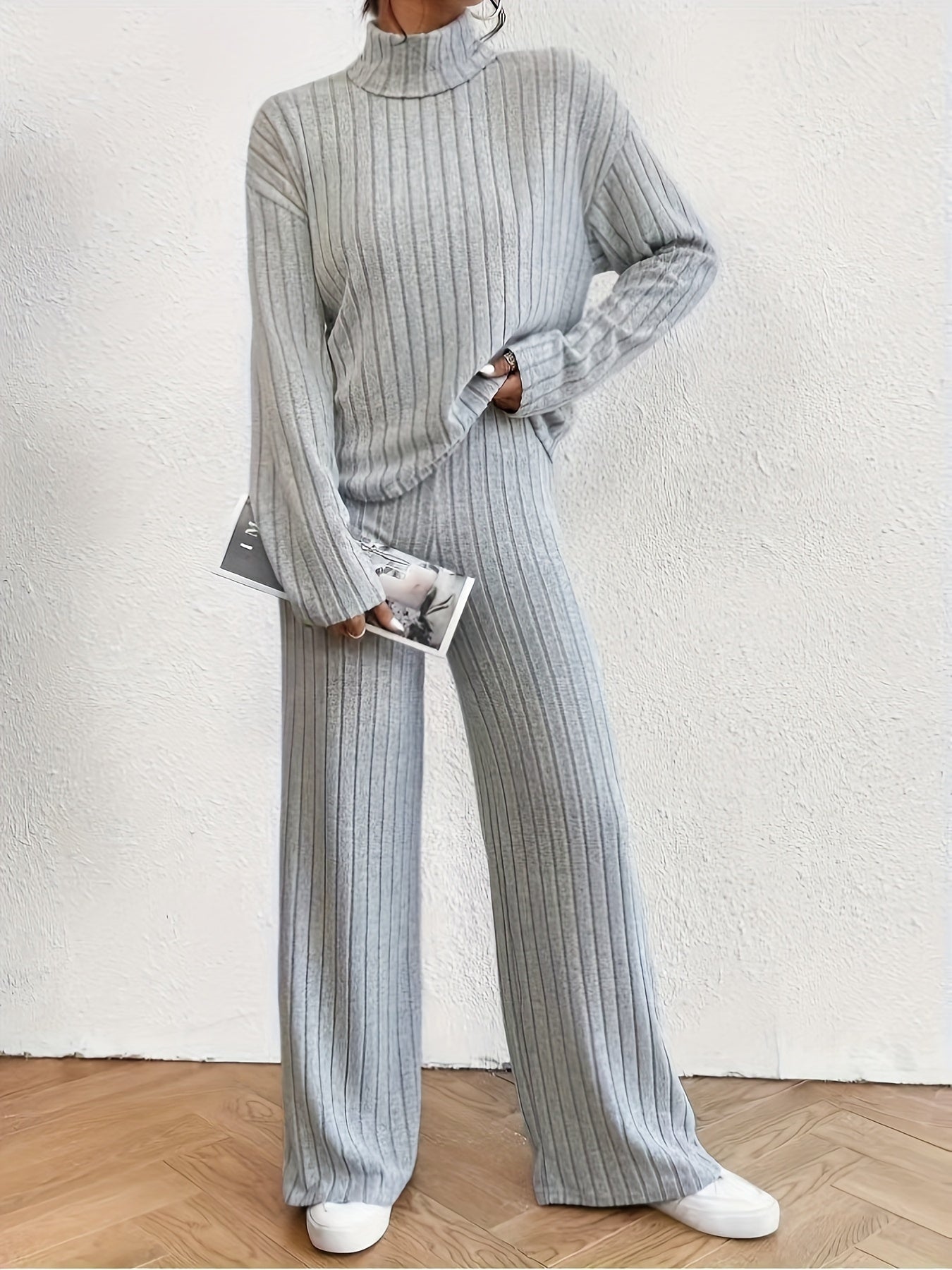 Variant image for Women's Casual Soft Fabric Sweater Set with Wide Leg Pants-7