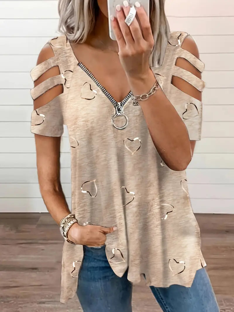 Variant image for Women's Playful Cotton T-Shirt with V-Neckline and Heart Pattern-25