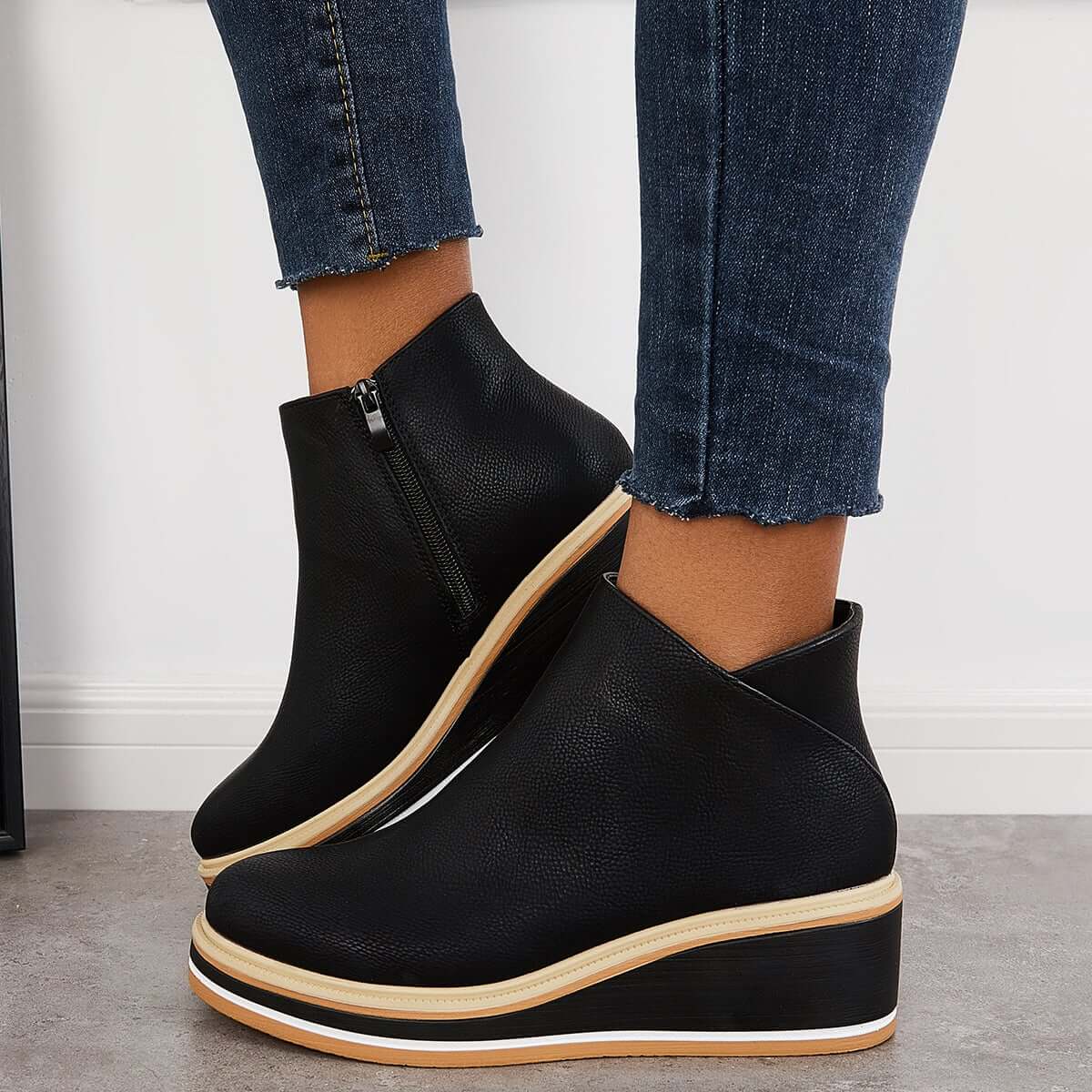 Variant image for Women's Stylish Leather Ankle Boots with Zipper and Platform Sole-2