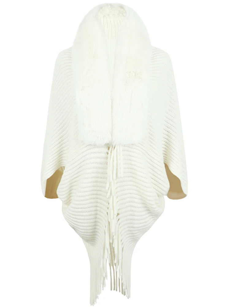 Women's Stylish Faux Fur Shawl with Pompom Ends
