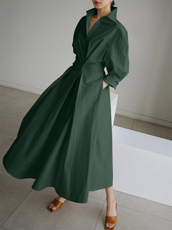 Women's Chic Soft Maxi Dress with Lapel and Pockets