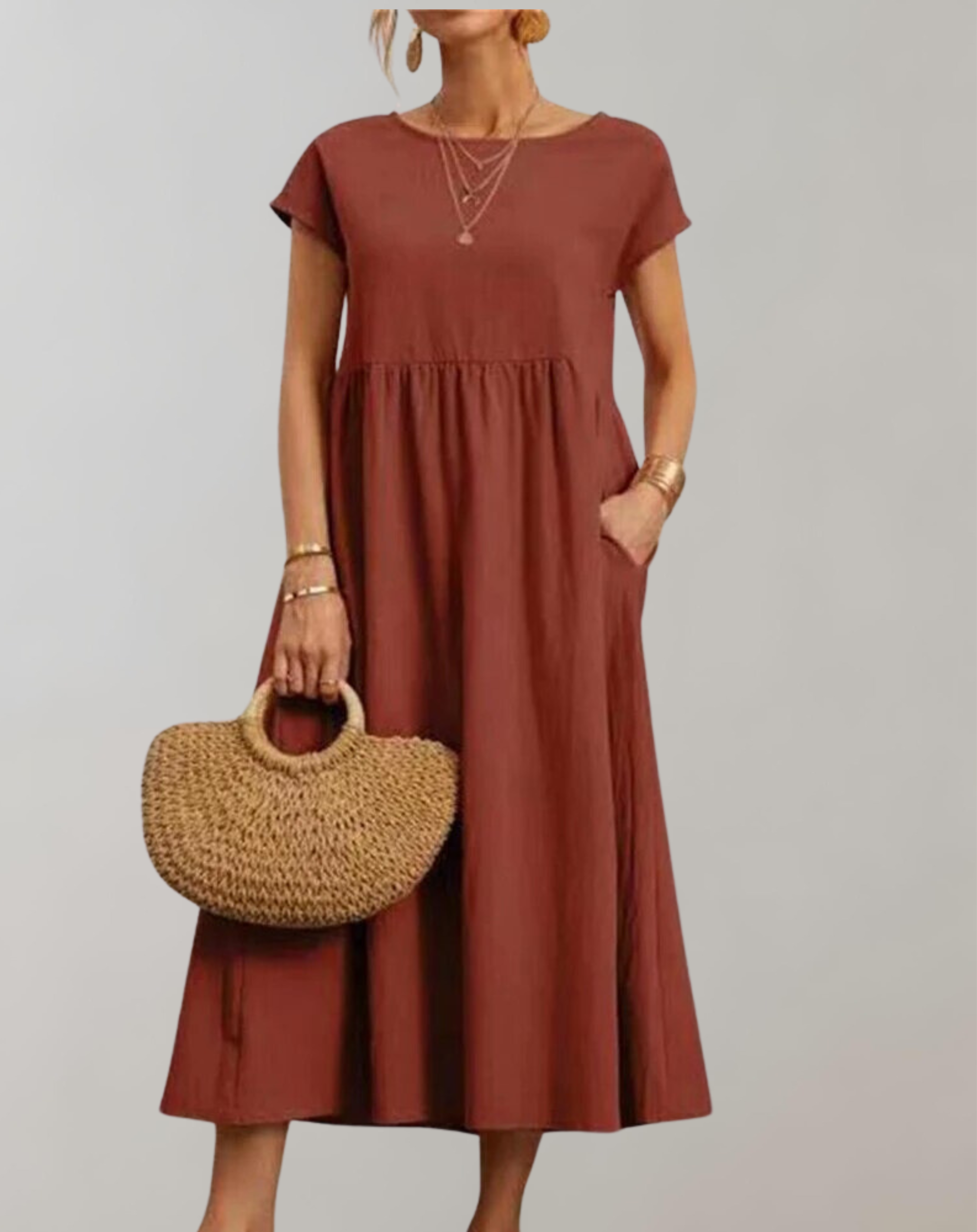 Variant image for Women's Elegant Cotton-Linen Midi Dress with Short Sleeves for Casual and Formal Occasions-26
