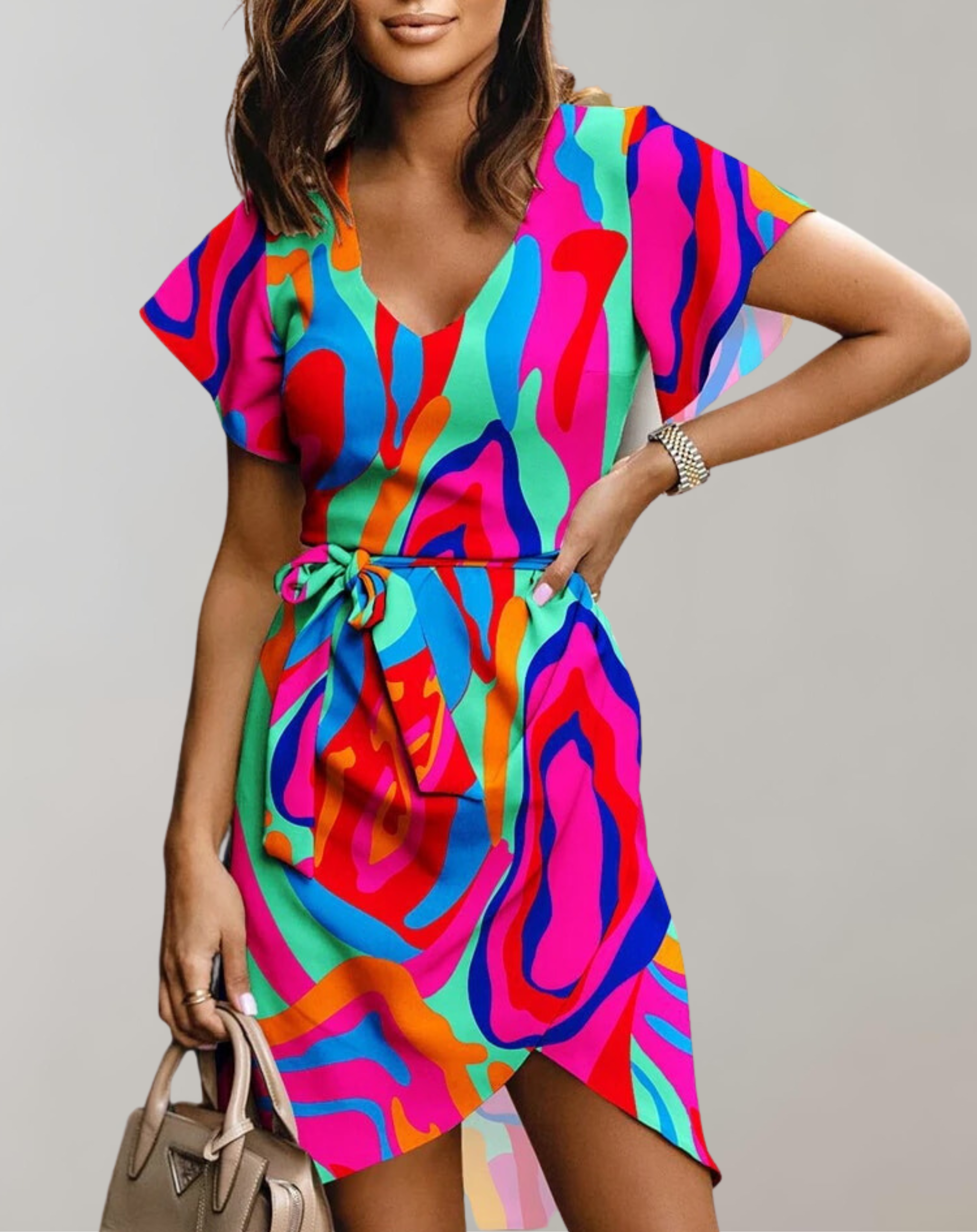 Women's Elegant High-Quality Dress with V-Neck and Belt for Summer Formal Events