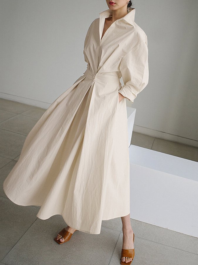 Women's Chic Soft Maxi Dress with Lapel and Pockets