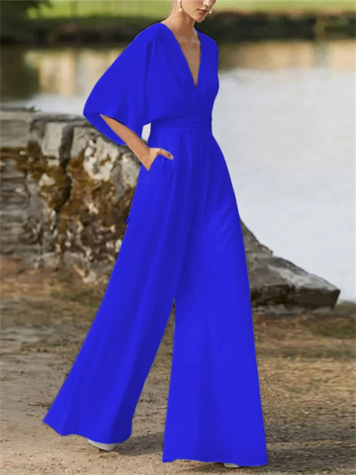 Women’s Stylish Wide-Leg V-Neck Jumpsuit with Batwing Sleeves | Perfect for Casual Days
