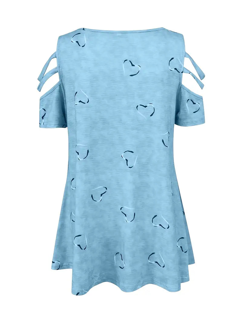 Women's Playful Cotton T-Shirt with V-Neckline and Heart Pattern