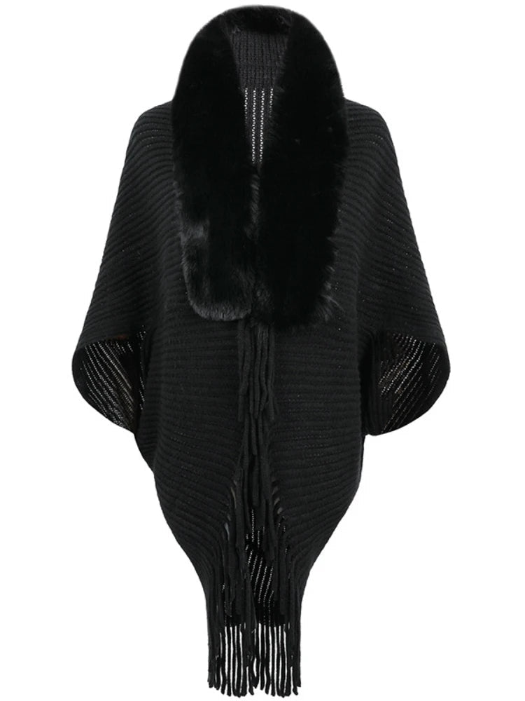 Women's Stylish Faux Fur Shawl with Pompom Ends