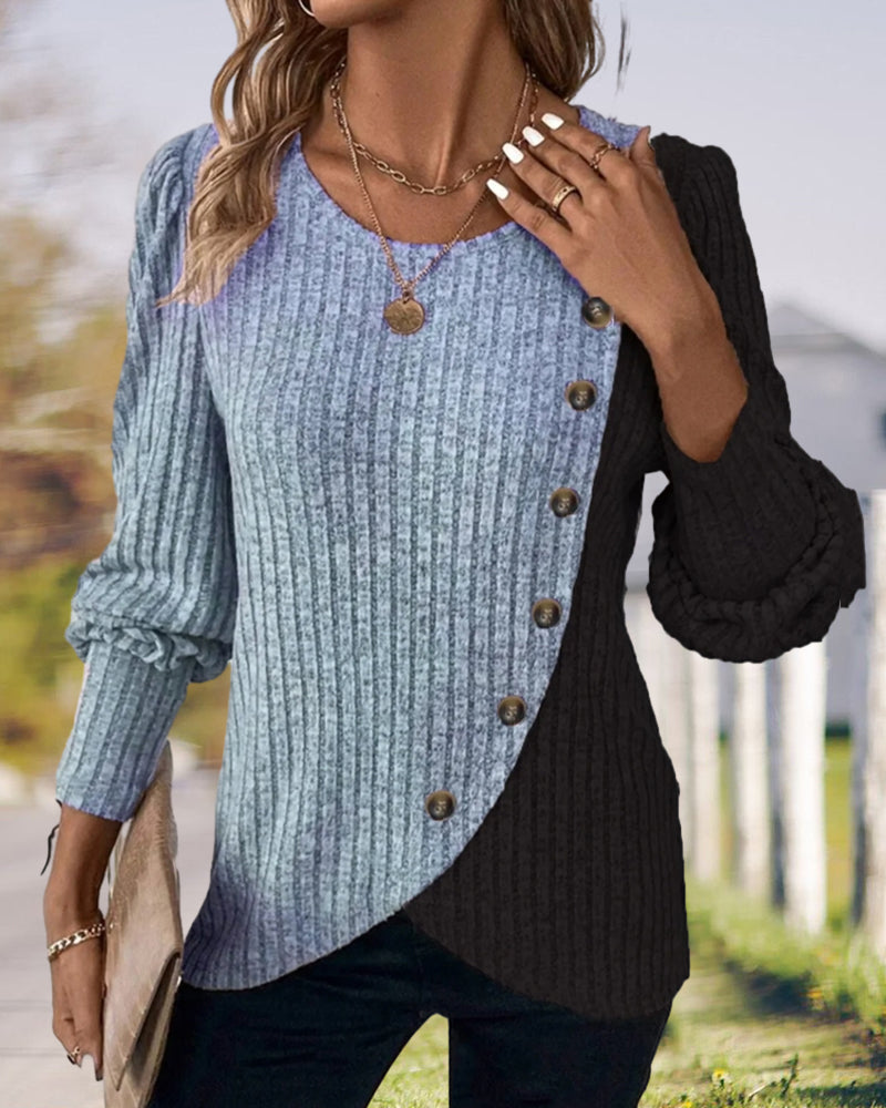 Women’s Stylish Color Block Knit Sweater With Asymmetrical Button | Perfect for All Seasons