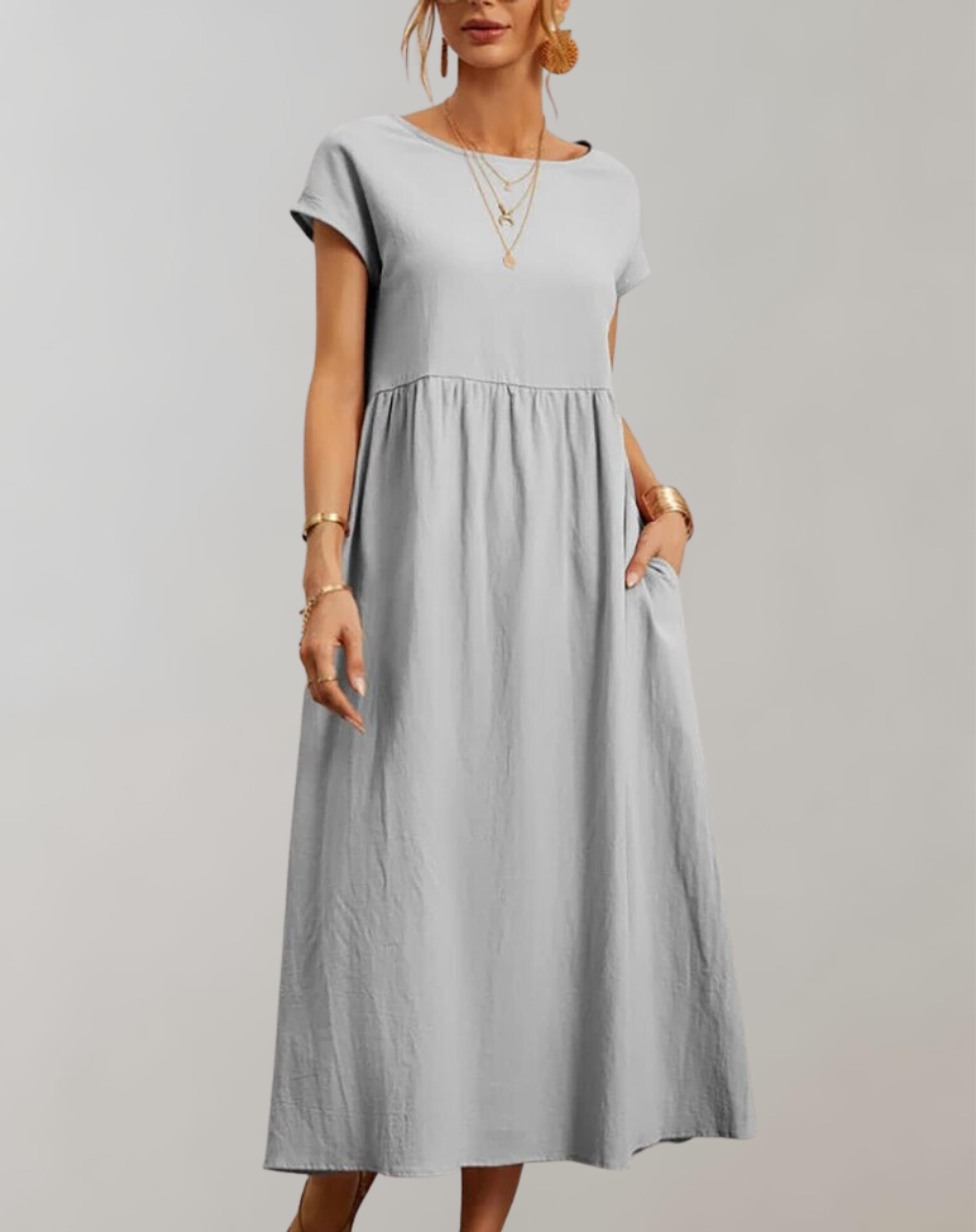 Variant image for Women's Elegant Cotton-Linen Midi Dress with Short Sleeves for Casual and Formal Occasions-1