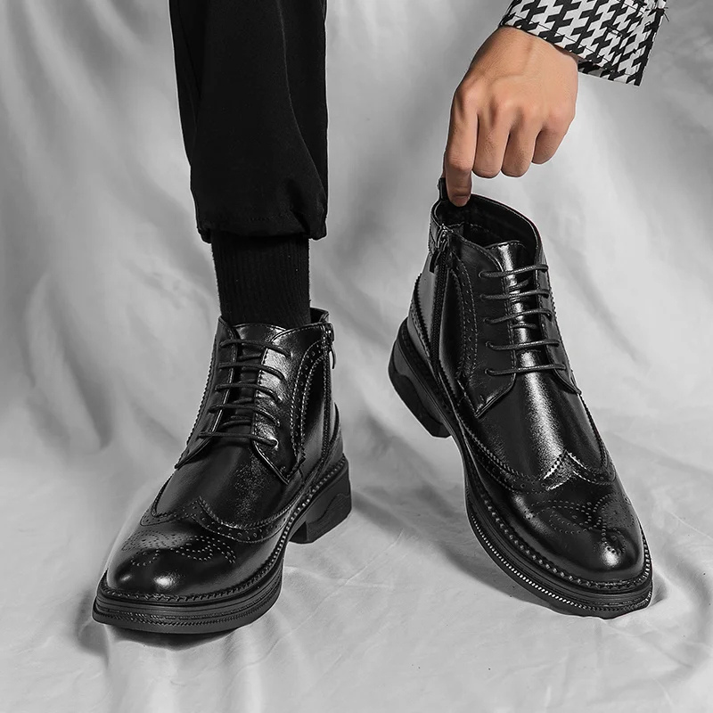 Men's Classic Leather Brogue Lace-Up Shoes with Side Zipper