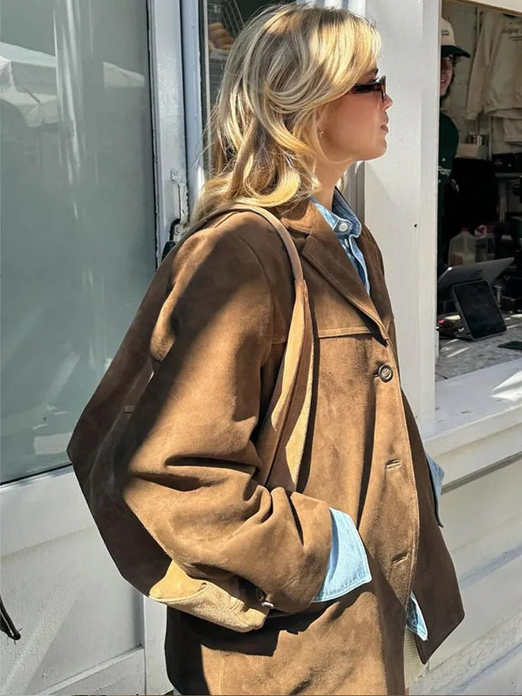 Women's Stylish Suede Trench Coat with Wide Lapels and Oversized Fit