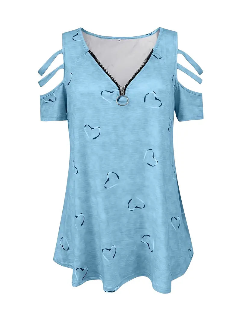 Women's Playful Cotton T-Shirt with V-Neckline and Heart Pattern