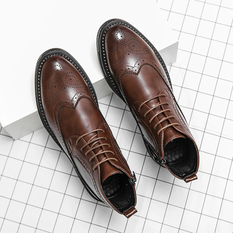 Men's Classic Leather Brogue Lace-Up Shoes with Side Zipper