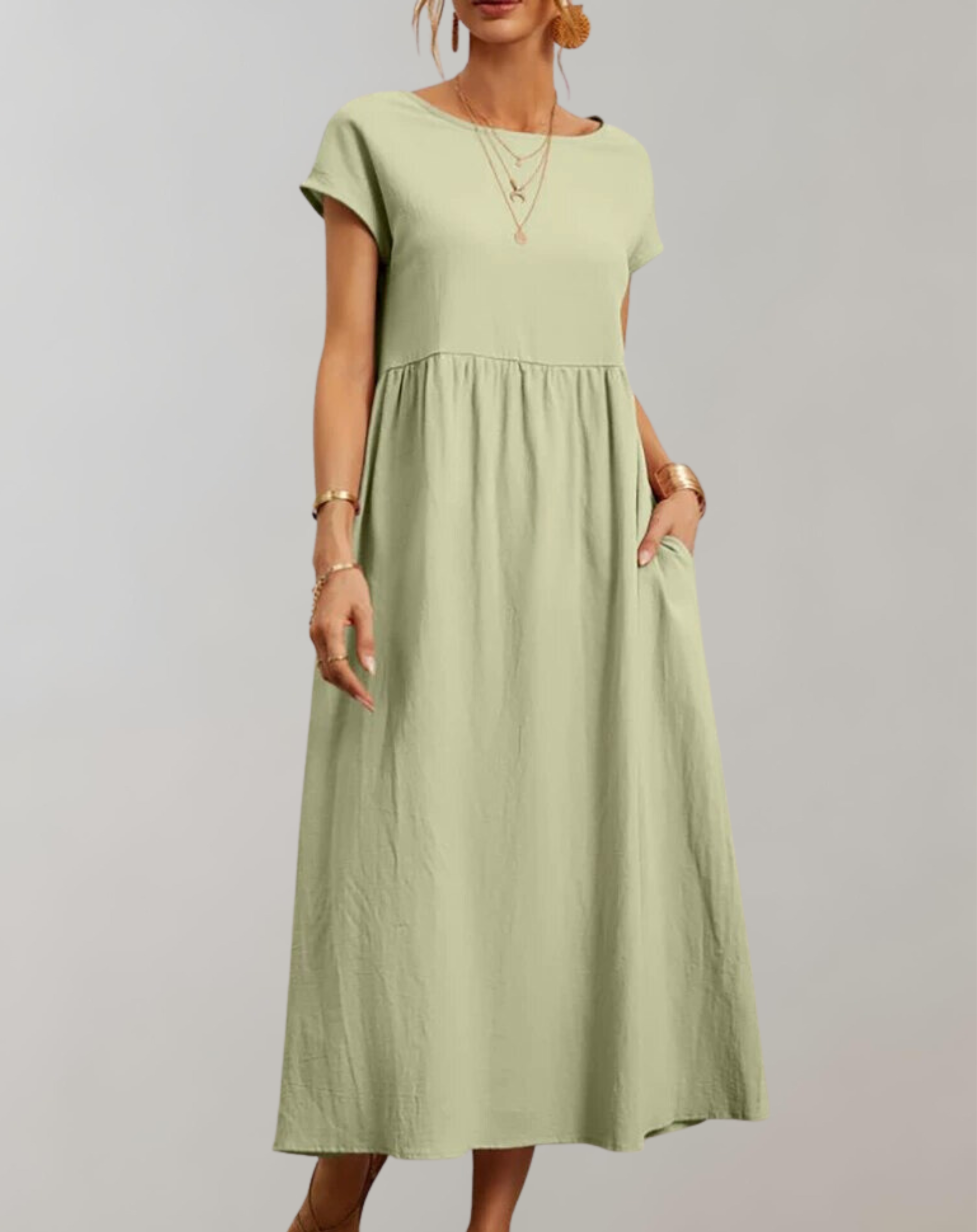 Variant image for Women's Elegant Cotton-Linen Midi Dress with Short Sleeves for Casual and Formal Occasions-41
