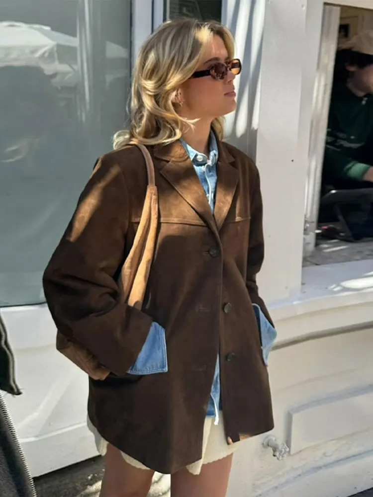 Women's Stylish Suede Trench Coat with Wide Lapels and Oversized Fit