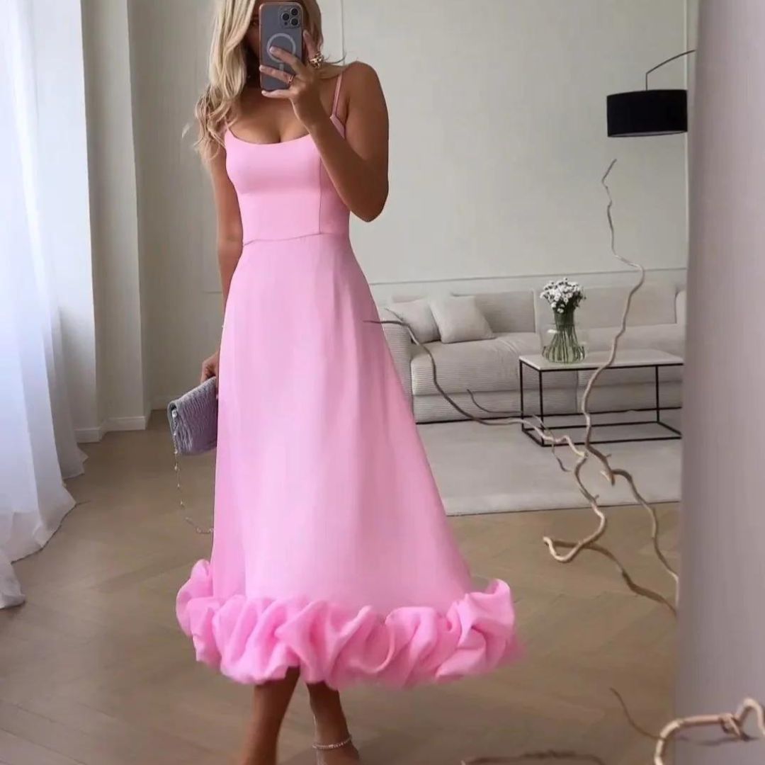 Women's Elegant Polyester Midi Dress with Ruffles for Formal and Cocktail Events