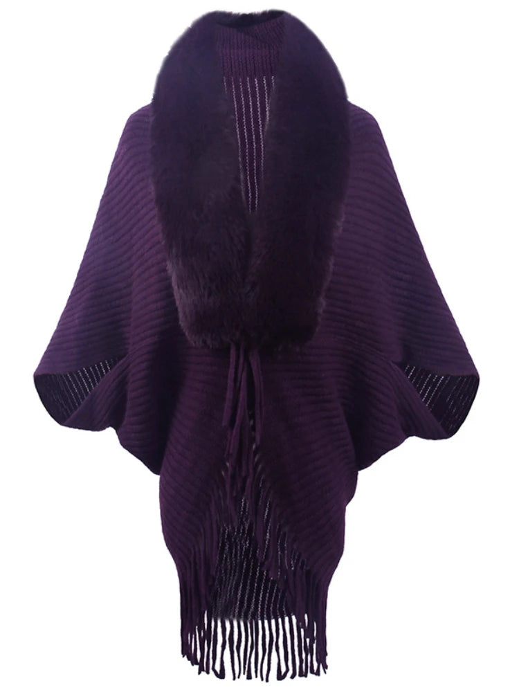 Women's Stylish Faux Fur Shawl with Pompom Ends