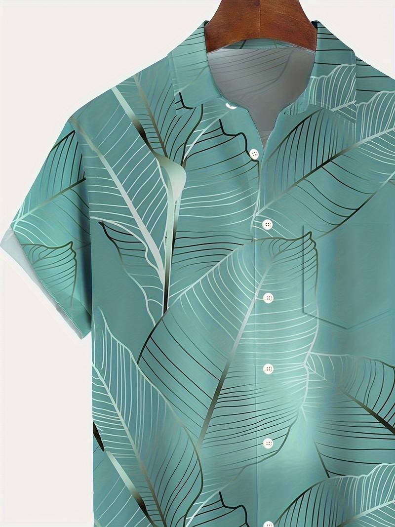 Men's Trendy High-Quality Button-Down Shirt with Tropical Print and Short Sleeves